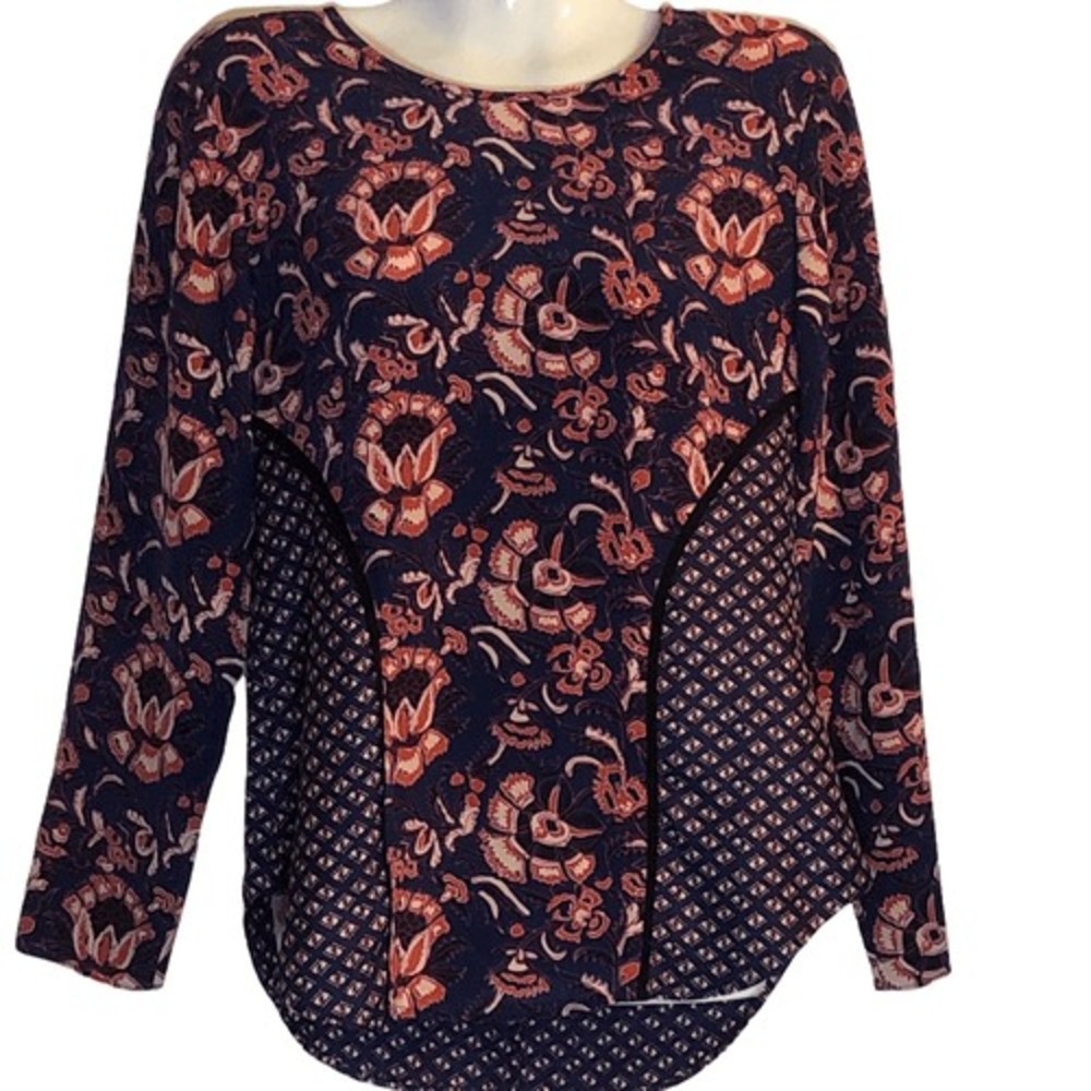 Veronica Beard blouse Sz 0 100% silk plum floral batik print seamed boho